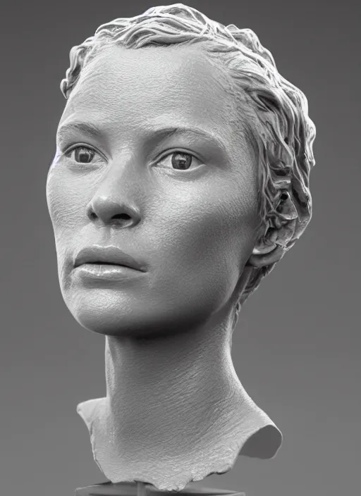 Image similar to 3D resin miniature sculpture by Jean-Baptiste Carpeaux, woman, prefect symmetrical face, academic art, realistic, 8K, Introduction factory photo, Hyperrealism. Subsurface scattering, raytracing, Octane Render, Zbrush, simple background