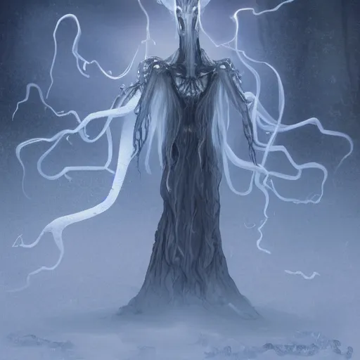 Image similar to concept designs for an ethereal ghostly wraith like figure with a squid like parasite latched onto its head and long tentacle arms that flow lazily but gracefully at its sides like a cloak while it floats around a frozen rocky tundra in the snow searching for lost souls and that hides amongst the shadows in the trees, this character has hydrokinesis and electrokinesis for the resident evil village video game franchise with inspiration from the franchise Bloodborne and the mind flayer from stranger things on netflix