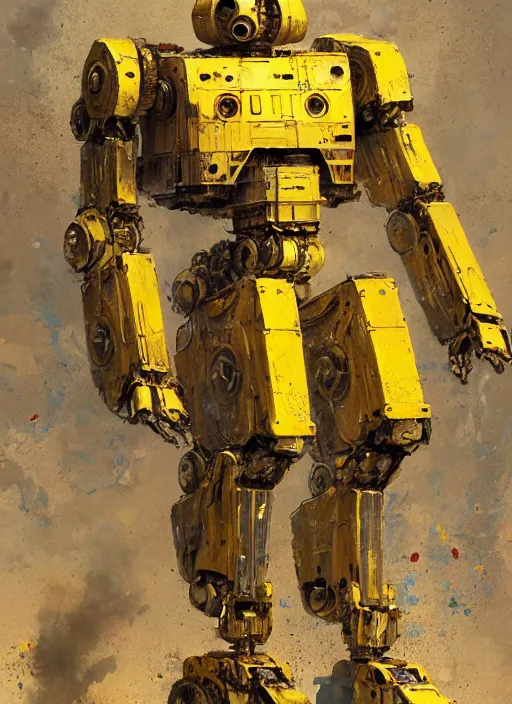 Prompt: human-sized strong intricate yellow pit droid, pancake flattened head, exposed metal bones, painterly humanoid mecha, by Greg Rutkowski
