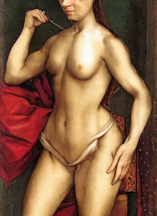 Prompt: full body painting of beautiful female model with ripped abs exercising, tudor period, hans holbein oil painting
