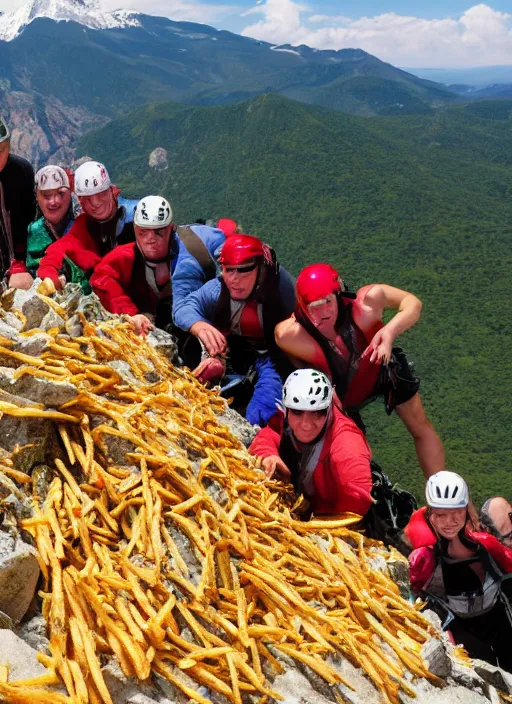 Prompt: a group of mountain climbers climbing a 3000 feet high mountain of french fries,