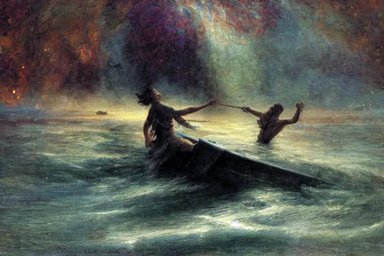 Prompt: illustration of a black river in the astral plane with black oozing arms reaching out of the water. a man on a boat paddles down the river. art by gaston bussiere.
