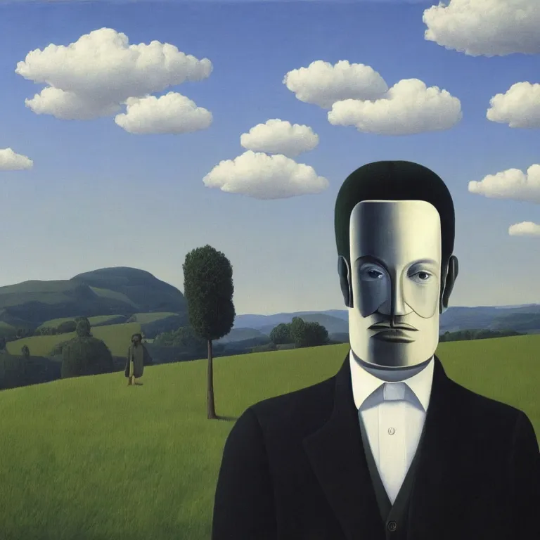 Image similar to portrait of a faceless reflective chrome - head man in a suit and black gloves, clouds and nature landscape in the background, by rene magritte, detailed painting, distance, centered, hd, hq, high resolution, high detail, 4 k, 8 k