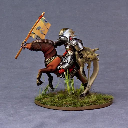 Prompt: A medieval knight riding on a giant leopard gecko towards the camera, 4k, painted wargaming miniature