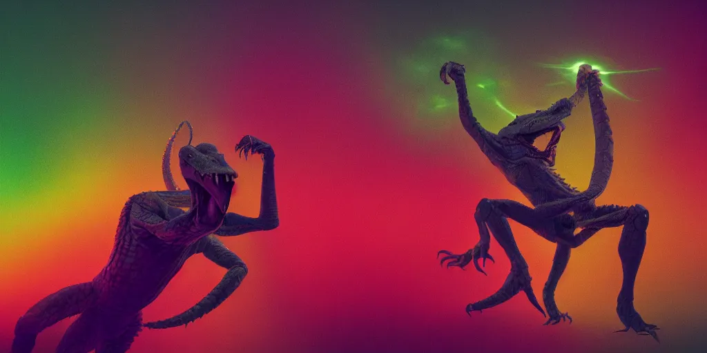 Image similar to reptilian humanoid fighting a huge banshee, with a radiant spectrum, rendered in octane, minimalism