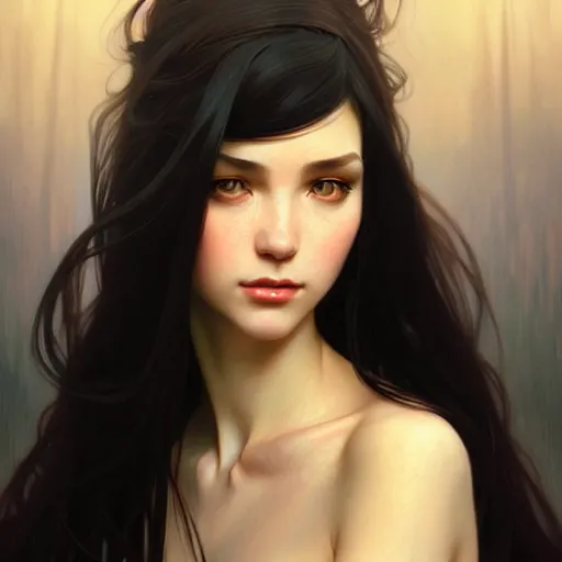 Image similar to a beautiful girl with long black hair, fantasy, portrait, sharp focus, intricate, elegant, digital painting, artstation, matte, highly detailed, concept art, illustration, ambient lighting, art by ilya kuvshinov, artgerm, alphonse mucha, and Greg Rutkowski