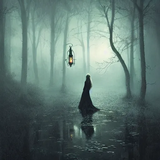 Prompt: a beautiful witch looks at her reflection, spiders and spiderwebs everywhere, elegant design, haunting atmosphere, dark lighting, gothic, horror style, scary, swirling fog, volumetric lighting, by greg rutkowski, dutch angle,