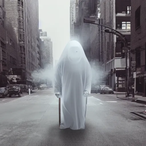 Prompt: ghost under a sheet smoking a cigarette, haunting a NYC sidewalk, trending on artstation, 8k, 4k, volumetric lighting, award-winning, cinematic composition, hd, spooky