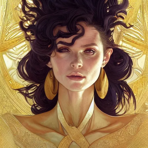 Image similar to Sandman with a gold suit, portrait, intricate, elegant, highly detailed, digital painting, artstation, concept art, smooth, sharp focus, illustration, art by artgerm and greg rutkowski and alphonse mucha