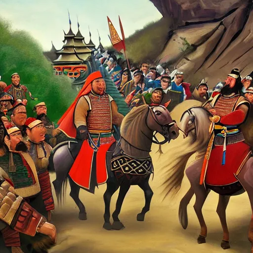 Prompt: genghis khan and his mongol horde ransacking modern day efteling, oil on canvas
