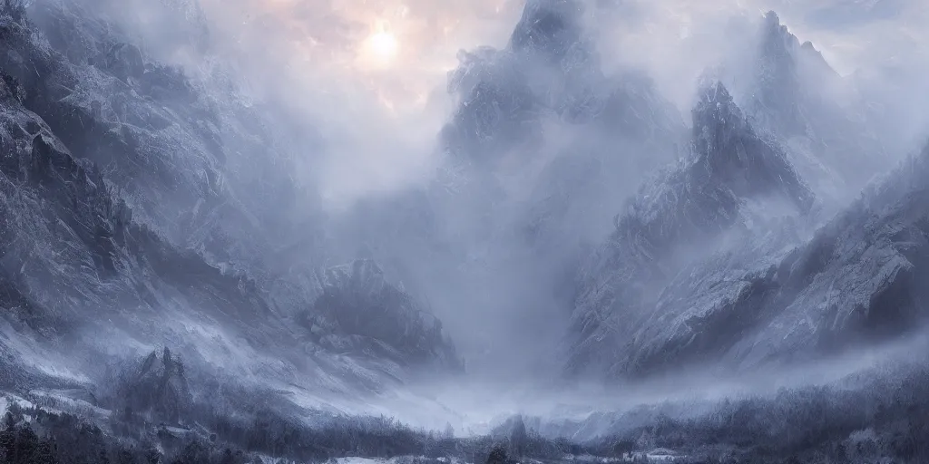 Prompt: backlit low lying clouds in a snowy valley with craggy giant rocks hidden in mist, artstation, matte painting