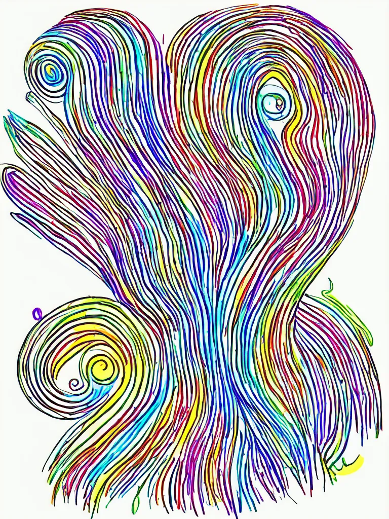 Prompt: sketch single line drawing with burst of color acorn that turns into a tree and creates a treble clef dividing line through the center vertical, color bursts when crossing center line to either side
