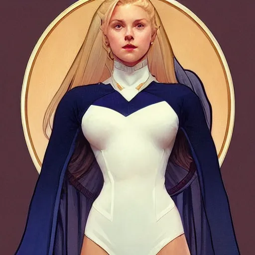 Prompt: a beautiful portrait of a beautiful cute teen superhero girl, blonde hair, tight matte navy - blue bodysuit, white cape, intricate, elegant, 8 k, highly detailed, digital painting, concept art, smooth, sharp focus, illustration, by artgerm greg rutkowski alphonse mucha loish wlop