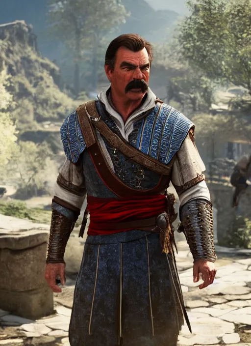 Prompt: film still of tom selleck as eivor in assassin's creed valhalla, gameplay, 8 k, hd