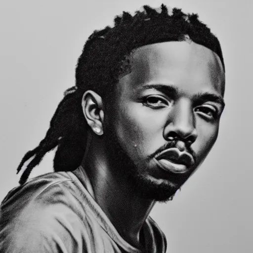 Image similar to black and white graphite drawing of Kendrick Lamar