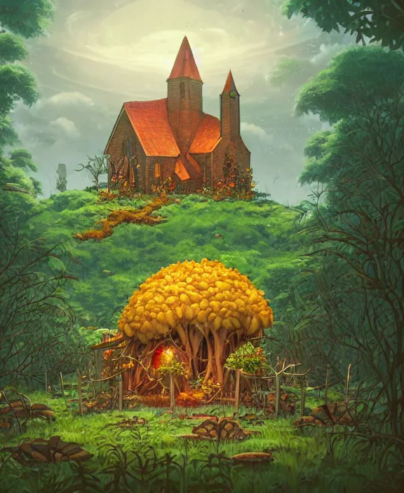 Prompt: a simple, whimsical church made from food, overgrown with huge exotic fungus, deep in the woods, cheerful, stormy, by dan mumford, yusuke murata, makoto shinkai, ross tran, dreamy, cinematic, unreal engine, cel shaded, featured on artstation, pixiv