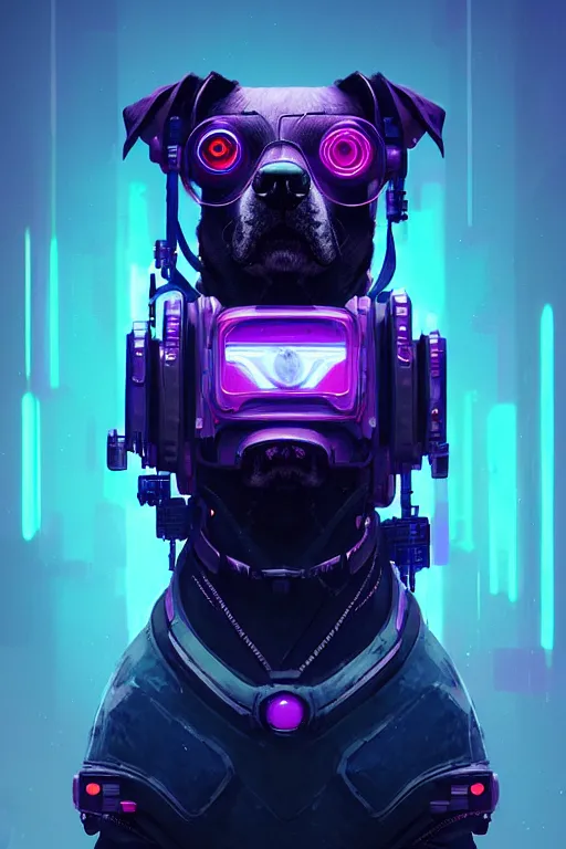 Image similar to a beautiful portrait of a cute cyberpunk dog by greg rutkowski and wlop, purple blue color scheme, high key lighting, volumetric light, digital art, highly detailed, fine detail, intricate, ornate, complex, octane render, unreal engine, photorealistic