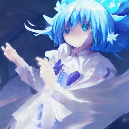 Image similar to pixiv artwork of cirno from touhou project, cirno touhou artwork by greg rutkowski makoto shinkai key art kyoto animation