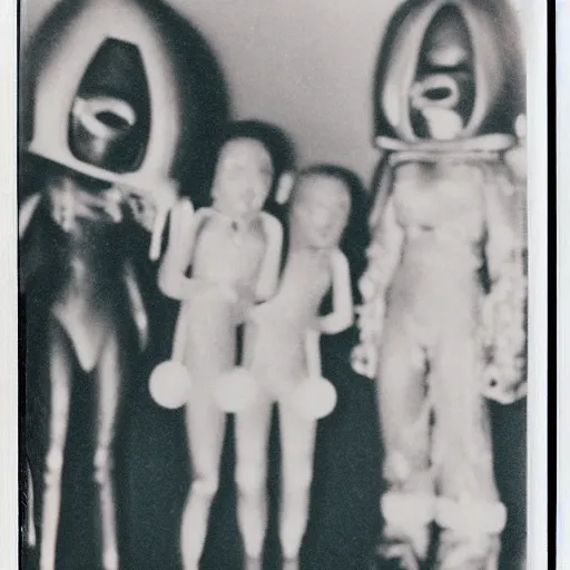 Image similar to polaroid photograph of horrorific extraterrestrial beings visiting earth, 1 9 5 0