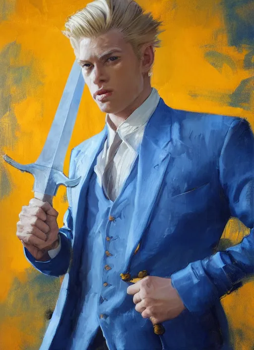 Prompt: greg manchess side portrait of a blond man in a blue suit with a big sword, asymmetrical, profile picture, organic painting, sunny day, matte painting, bold shapes, hard edges, street art, trending on artstation, by huang guangjian, gil elvgren, ruan jia, randy vargas, greg rutkowski