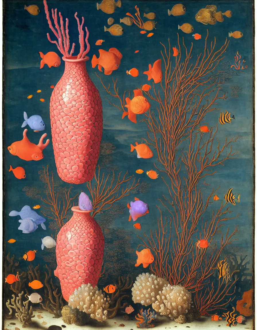 Prompt: bottle vase of coral under the sea decorated with a dense field of stylized scrolls that have opaque outlines enclosing mottled blue washes, with purple shells and blue fishes, Ambrosius Bosschaert the Elder, oil on canvas, around the edges there are no objects