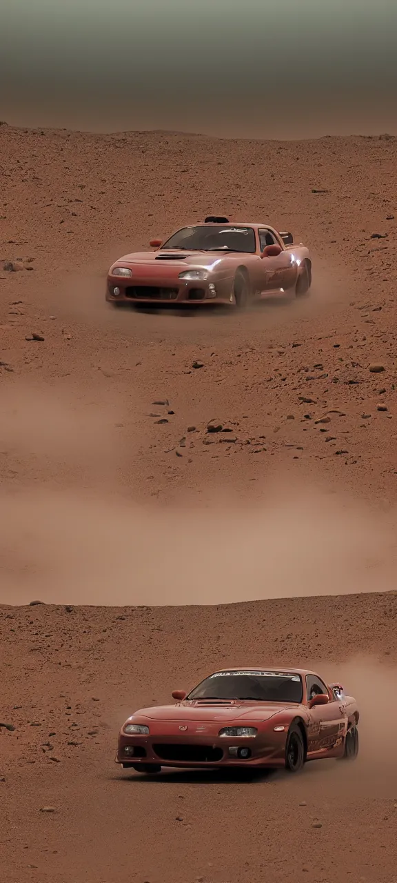 Image similar to a jdm mazda rx - 7 drifting on mars, cinematic, dark atmosphere, long exposure, white balance, 8 k, led, lumen global illumination, fog, ray tracing reflections