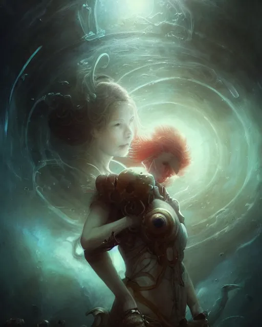 Prompt: realistic photo of a being shackled in the void, by akihiko yoshida and cgsociety. stunning goddess of speed charlie bowater and tom bagshaw, insanely detailed, artstation, space art. atoms surrounded by skulls and spirits deep under the sea, horror, sci - fi, surrealist painting, by peter mohrbacher