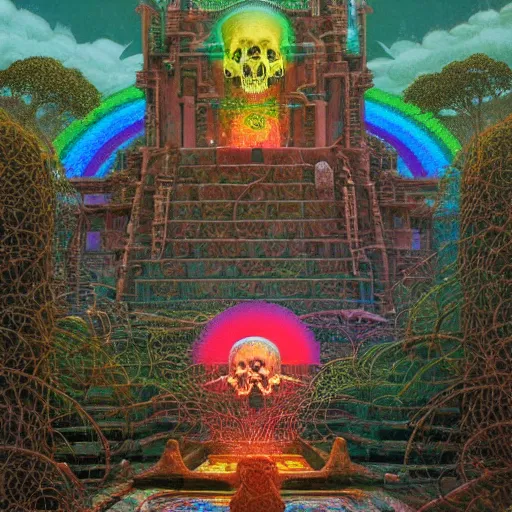 Image similar to overgrown jain temple of death with glowing mayan rainbow skulls, by michael whelan and moebius and beeple and kilian eng and dan mcpharlin and pascal blanche and jamie hewlett and richard dadd, symmetrical, magical stormy reflections, smoke on water, disco laser rays, 8 k