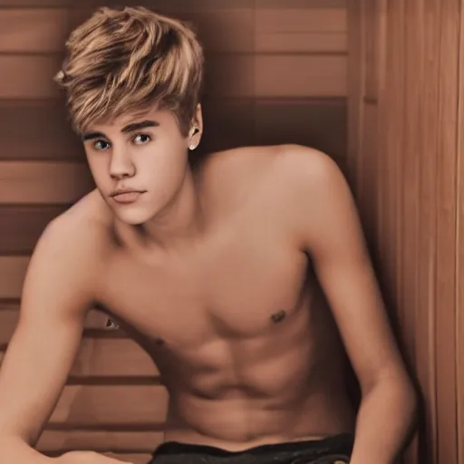 Prompt: high-resolution photograph of Justin Bieber in a sauna with hair on his chest