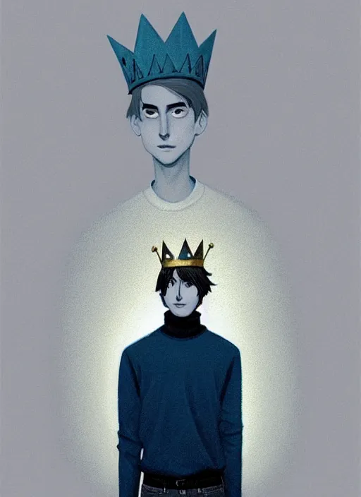 Image similar to portrait of teenage jughead jones wearing a light grey crown, crown, blue turtleneck, closed eyes, eyes closed, smile, crown, black hair, intricate, elegant, glowing lights, warm lighting, highly detailed, digital painting, artstation, concept art, smooth, sharp focus, illustration, art by wlop, mars ravelo and greg rutkowski