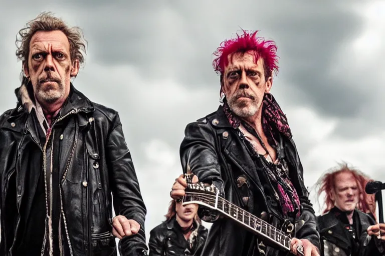 Prompt: promotional image of hugh laurie as a british punk rocker in a new movie, leather clothes, heavy makeup, detailed face, movie still frame, promotional image, imax 70 mm footage