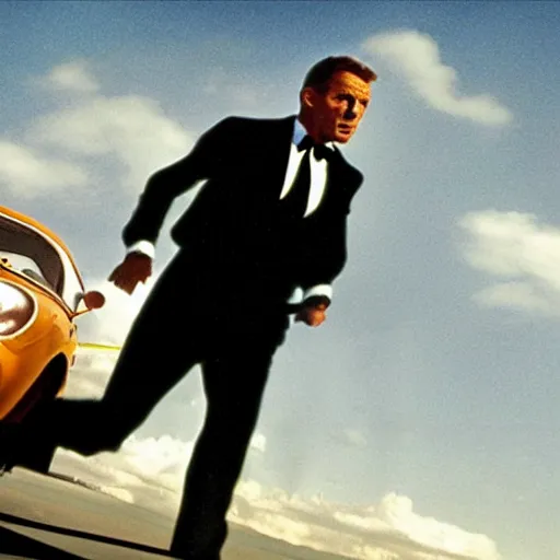 Image similar to man chased by a flying car, movie still of James bond