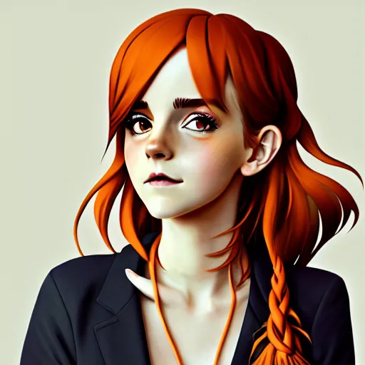 Prompt: beautiful anime girl, Emma Watson, orange glowing hair, sarcastic smiling, clear clean face, symmetrical face, blurry background, pose, trending on artstation, Alexandra Fomina artstation, face by Ilya Kushinov style, style by Loish, Norman Rockwell, painterly style, flat illustration, high contrast