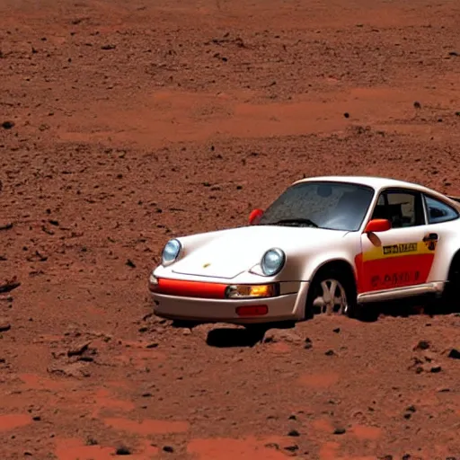 Prompt: a brand new porsche 9 1 1 9 9 2 driving on mars, dusty
