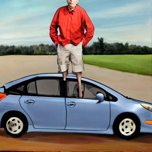 Image similar to larry david standing on top of 2009 prius, painting