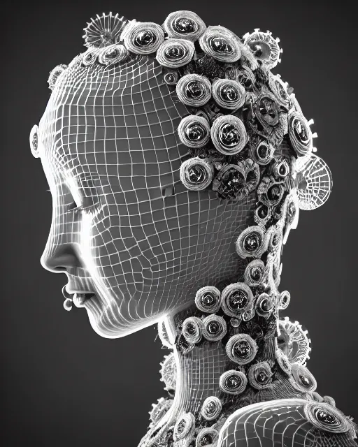 Image similar to mythical dreamy black and white organic bio - mechanical spinal ribbed profile face portrait detail of translucent steampunk beautiful female angelic - human - queen - vegetal - cyborg, highly detailed, intricate crystal ivy jelly ornate, poetic, translucent roses ornate, 3 d render, digital art, octane render, 8 k artistic photography, photo - realistic, by dora maar