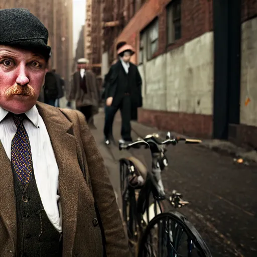 Prompt: closeup portrait of fat peaky blinders in a new york street, by Steve McCurry and David Lazar, natural light, detailed face, CANON Eos C300, ƒ1.8, 35mm, 8K, medium-format print