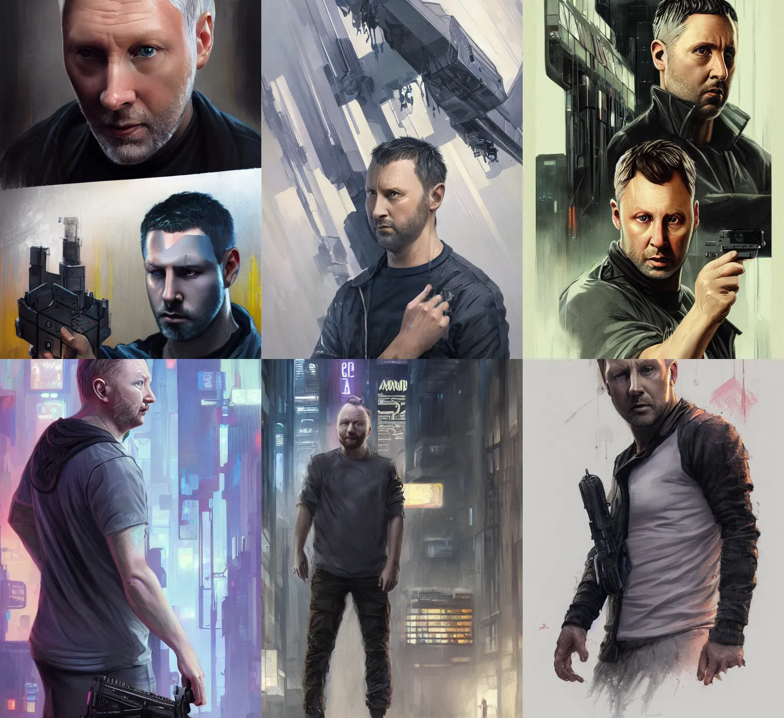 Prompt: a white man with dark grey hair that looks exactly like limmy wearing a grey tshirt, Cyberpunk bouncer. blade runner 2049 concept painting. Epic painting by James Gurney, and Alphonso Mucha. ArtstationHQ. painting with Vivid color. (rb6s, Cyberpunk 2077)