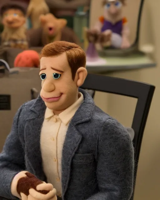 Image similar to tobey flenderson as a muppet. highly detailed felt. hyper real photo. 4 k.