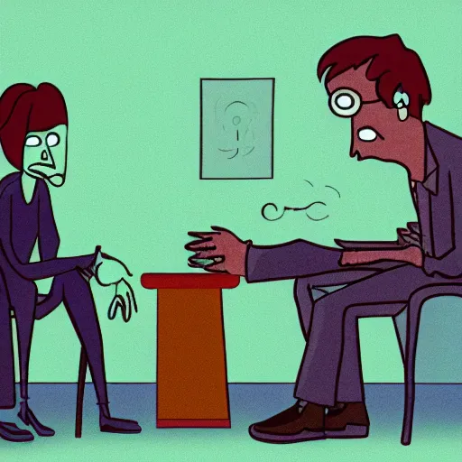 Image similar to Pixar style image of a therapist in a session talking to a zombie