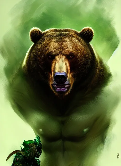 Image similar to portrait of aggressive bear humanoid, d & d, muscular! green, fantasy, intricate, elegant, highly detailed, digital painting, artstation, concept art, smooth, sharp focus, illustration, art by artgerm and greg rutkowski and alphonse mucha