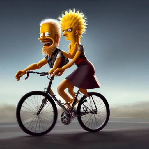 Image similar to Hyper realistic portrait of Joe Biden riding a bicycle made of wonderfully fragrant long flowing hair with Lisa Simpson sitting on the handlebars, Cinematic lighting, ultra super good realistic 3D render by Gerald Brom and James Jean, Trending on Artstation, I can't believe how detailed this is, 8k, post processing, sharp focus.