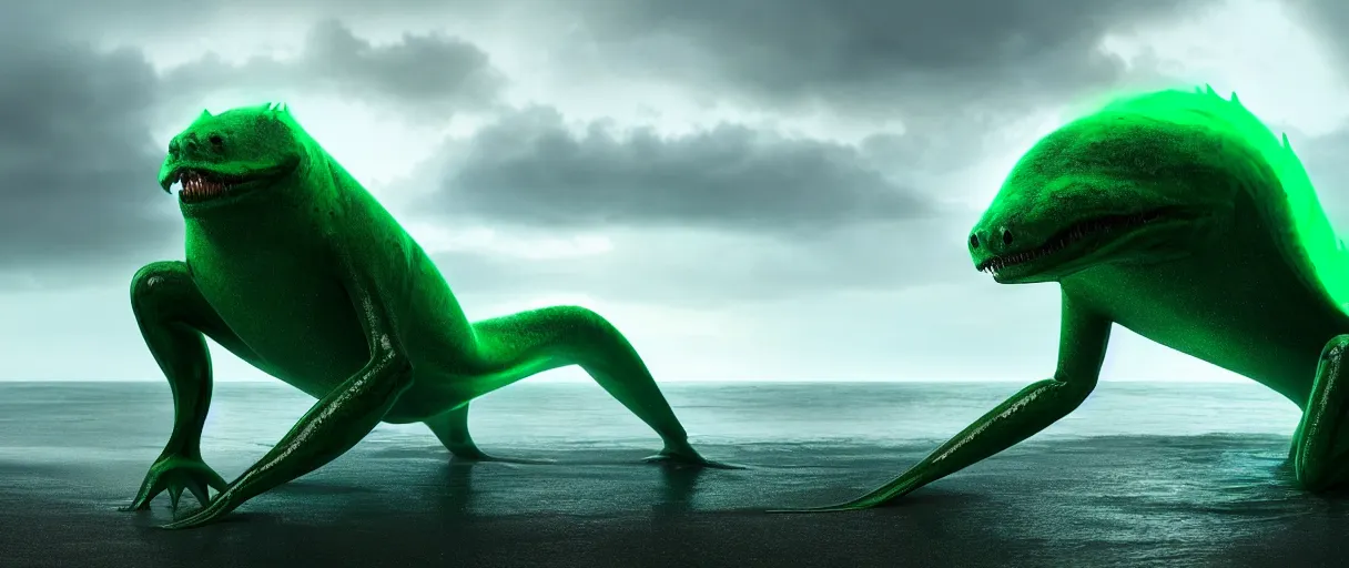 Image similar to a stunning cinematic extreme wide shot of an adorable confused slick sleek smooth green and blue humanoid sea monster wearing clothes made of seaweed on a dark stormy beach, well designed perfect with huge luminous sad eyes, sharp claws, cgsociety, hd octane render, fantasy, furry art, artstation, deviantart, furaffinity, very very clean, super smooth, thunderclouds