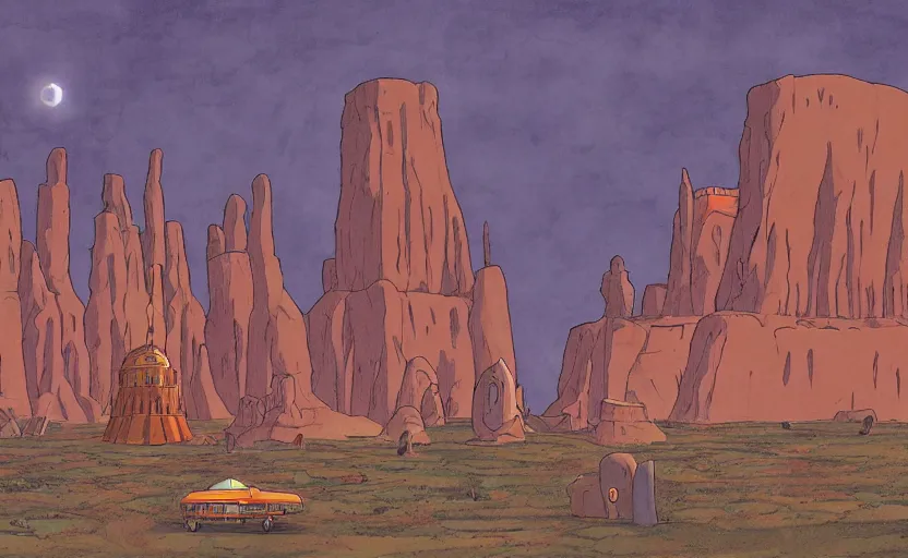 Prompt: a cell - shaded studio ghibli concept art from paprika ( 2 0 0 6 ) of a multi - colored spaceship from close encounters of the third kind ( 1 9 7 7 ) in a flooded monument valley temple stonehenge jungle. a caravan is in the foreground. very dull colors, portal, hd, 4 k, hq