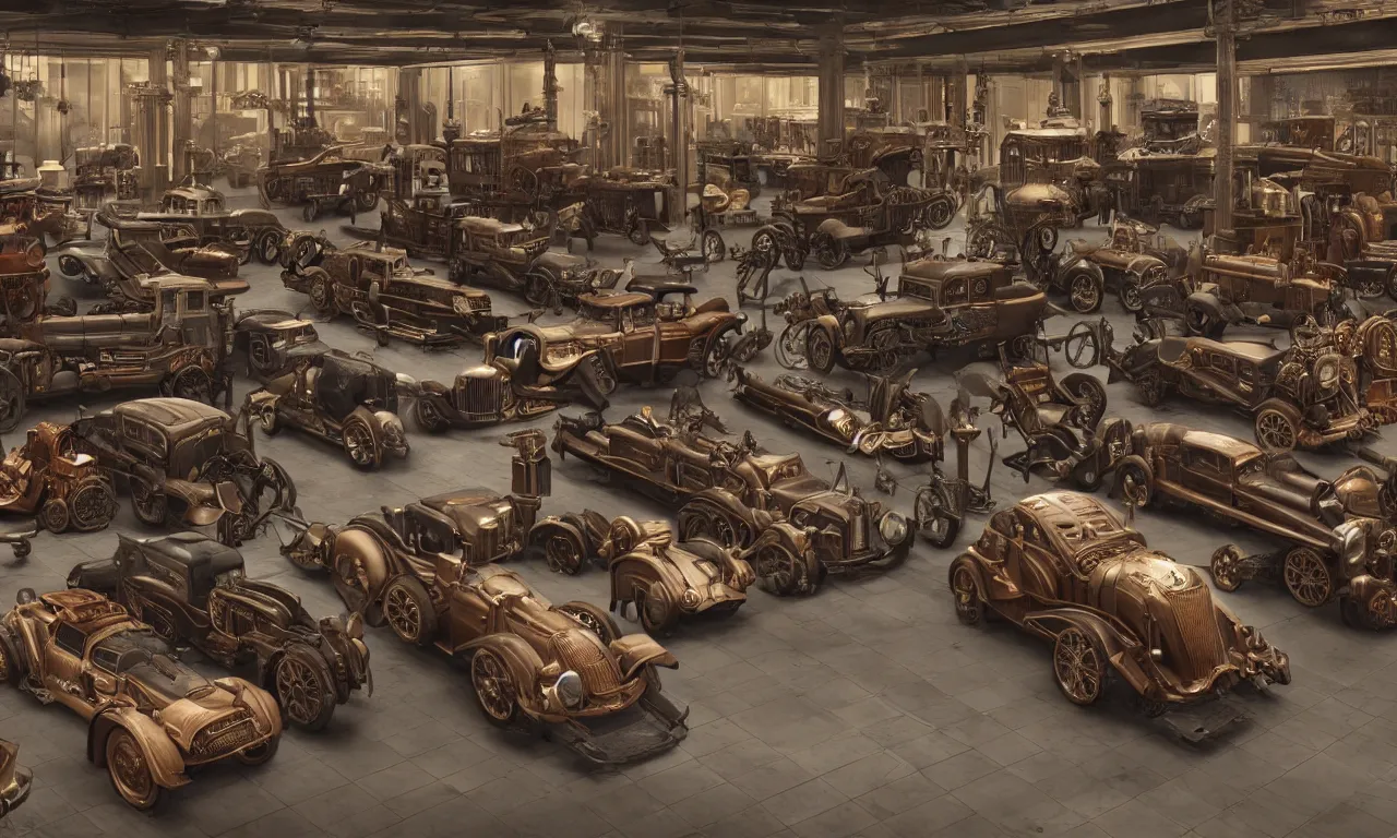 Prompt: exhibition hall of full of restomods cars, steampunk, high detail, shading unreal engine 5, from movie by digital domain and weta digital, strong ambient occlusion