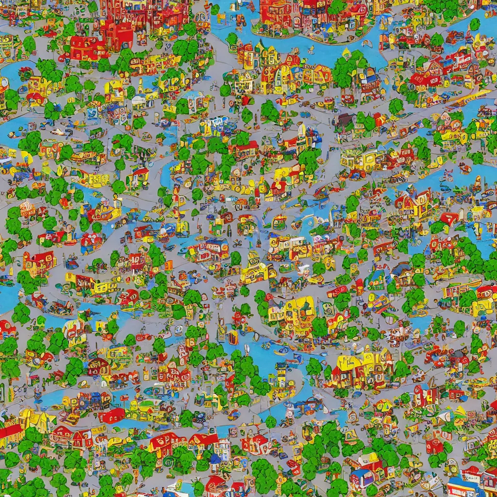 Image similar to Zoomed in section of a larger map of busytown by richard scarry, extreme detail, hyperdetailed, octane render 8k