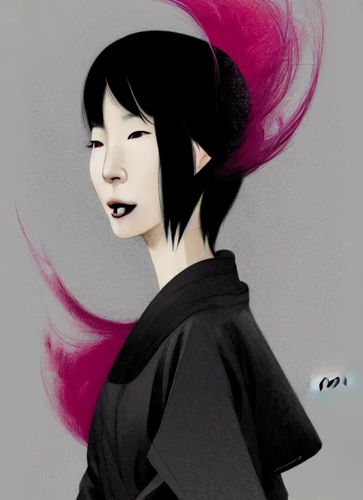 Image similar to portrait of a japanese woman with a crooked nose and a confident expression, 1 9 6 0 s, black clothes, goth, punk, brightly coloured hair, funk, intricate, elegant, highly detailed, digital painting, artstation, concept art, smooth, sharp focus, illustration, art by wlop, mars ravelo and greg rutkowski