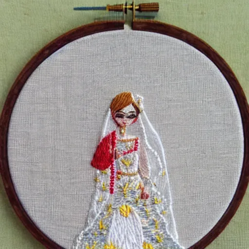 Prompt: a tiny beautiful handmade embroidery of a bride. hand embroidery.