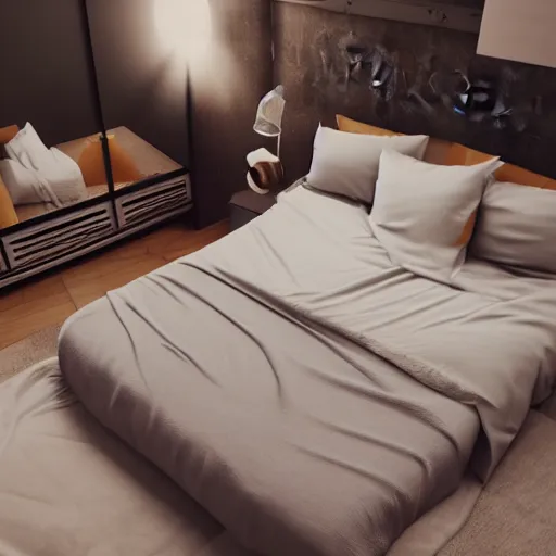 Image similar to in my bedroom my gsd puppy gets the zoomies and jumps around on the bed. the bed has a color comforter that's unmade. high energy, frenetic craziness, running, jumping, and chasing. cg animation, 3 d octane render, imax 7 0 mm, rtx,