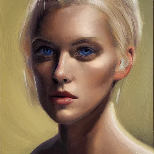 Image similar to a symmetrical portrait of a blonde woman with strong features, oil painting, pale colors, high detail, 8 k, wide angle, trending on artstation,